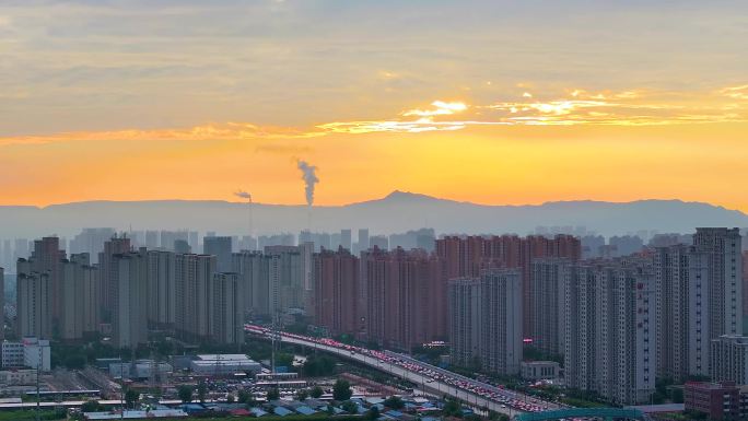 城市建筑群日出夕阳景观 山西大同