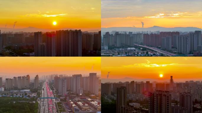 城市建筑群日出夕阳景观 山西大同