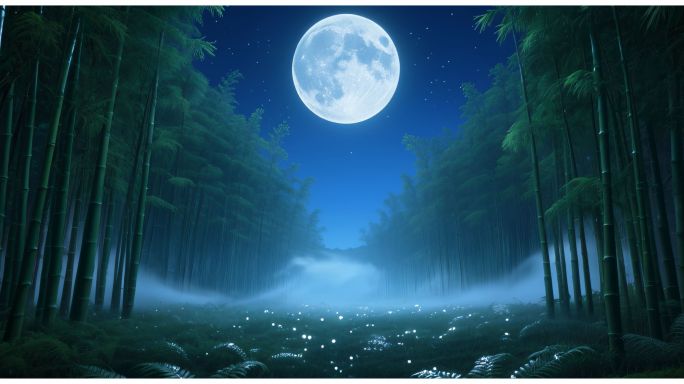 【4K宽屏竹林舞台背景】竹子月亮唯美梦幻