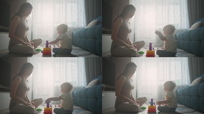 母亲与婴儿在温馨的客厅中的亲密时刻