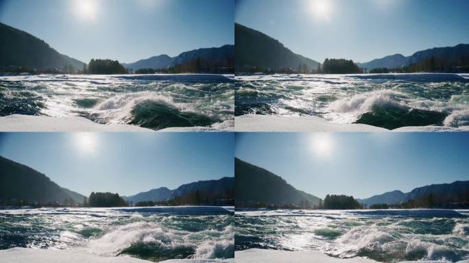 冬季急流体验：在明亮阳光照耀下，欣赏流动河流的迷人和风景如画的景色。