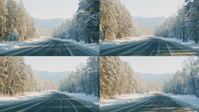 在壮丽的山脉风景中，踏上迷人的冬季公路旅行，穿越被雪覆盖的松树林。
