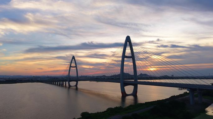 绍兴滨海新区越东大桥日落晚霞延时航拍1