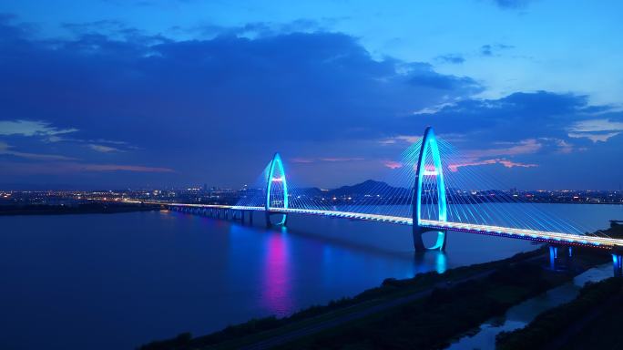 绍兴滨海新区越东大桥夜景延时航拍
