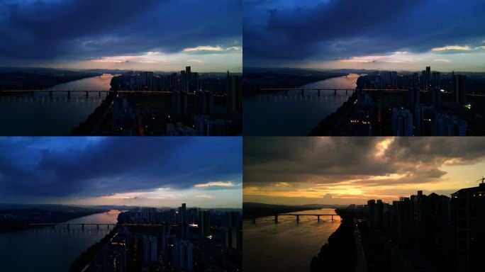 城市夜景江河晚霞风光
