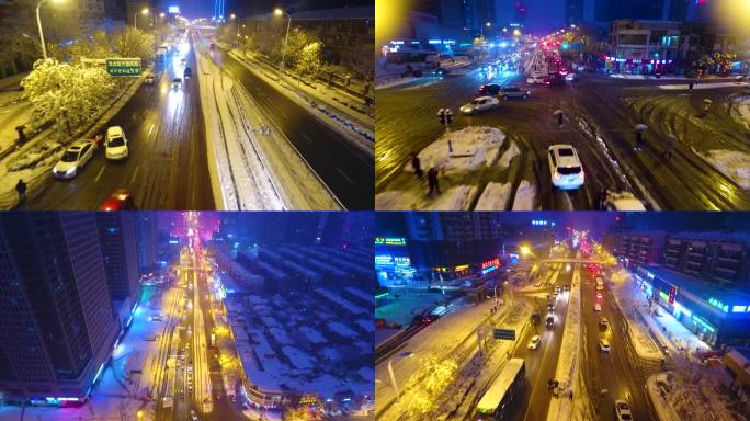航拍安徽合肥冬季雪景夜景望江西路车流