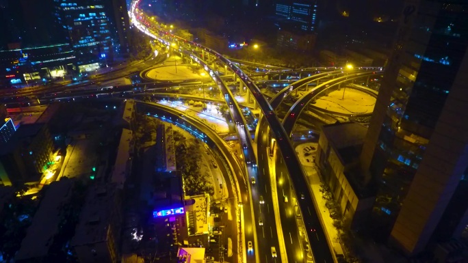 航拍安徽合肥冬季雪景夜景五里墩立交桥