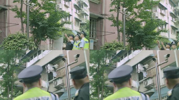 警察和保安查看摄像头调取监控问询调查取证