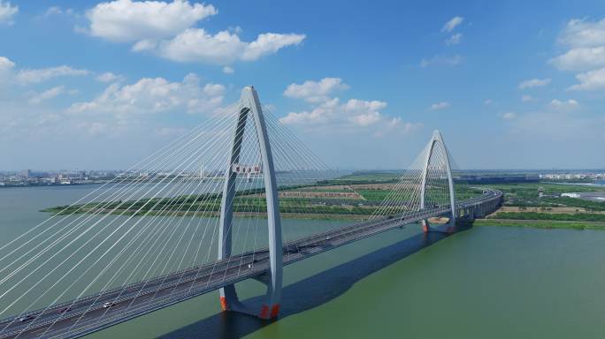 4K滨海新城曹娥江越东大桥延时航拍1