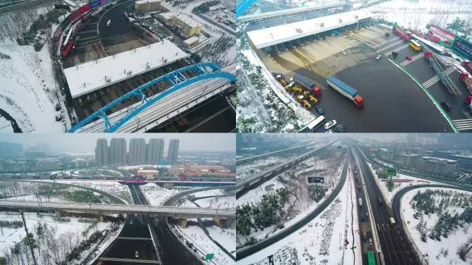 航拍安徽合肥冬季雪后包河大道高速口