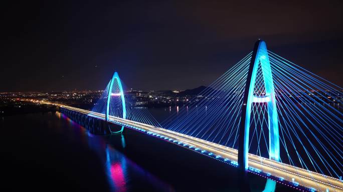 4K滨海新城曹娥江越东大桥夜景延时航拍4