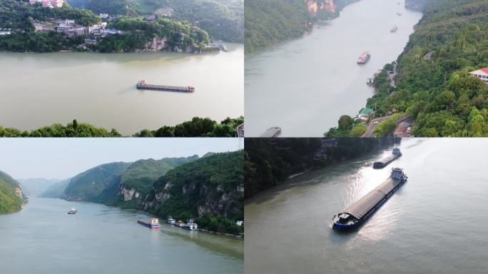 湖北宜昌长江西陵峡的货轮航运船只航拍合集