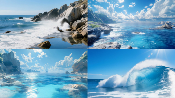 4K大海海岸礁石海浪翻滚自然海景海滩日出