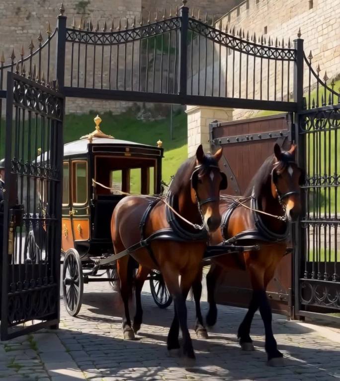 皇家马车驶入古堡 古堡卫兵迎接皇家马车