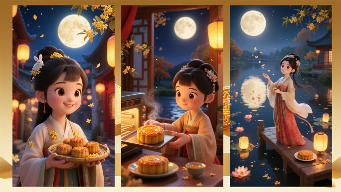 中秋团圆卡通3D微缩传统节日中国风