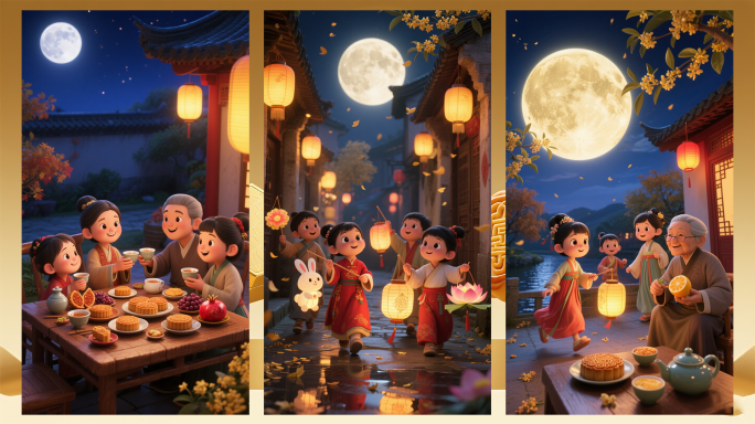 中秋团圆卡通3D微缩传统节日中国风