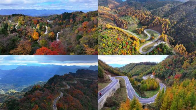 秋天红叶秋日盘山公路航拍