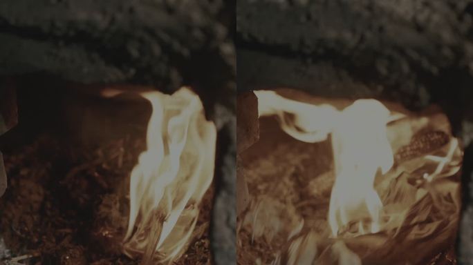 生火烧火烟囱冒烟做饭燃烧特写火柴点火