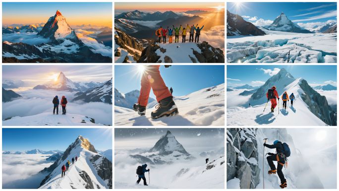 团队徒步励志攀登雪山奋斗登顶登山挑战之旅