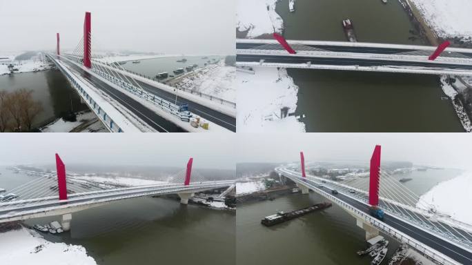 航拍安徽合肥市南淝河大桥冬天季雪景