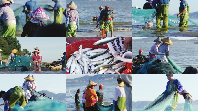 渔民海上捕鱼劳作场景