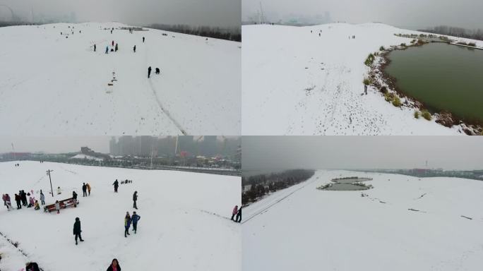 航拍安徽合肥包河滨湖岸上草原冬天季雪景