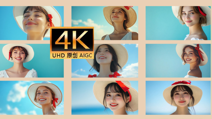 戴帽子的夏日少女特写 阳光下的度假风情