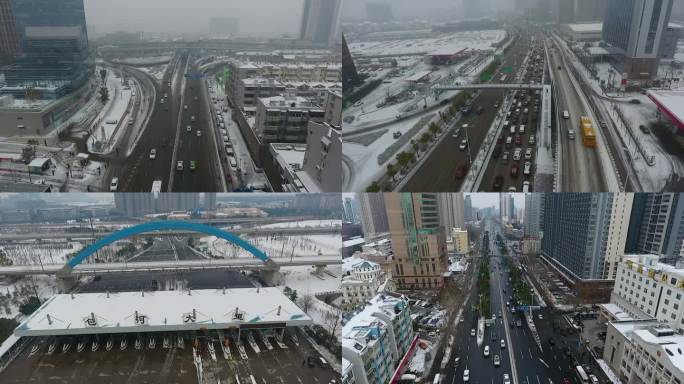 航拍安徽合肥冬季寒冷大雪城市交通车流