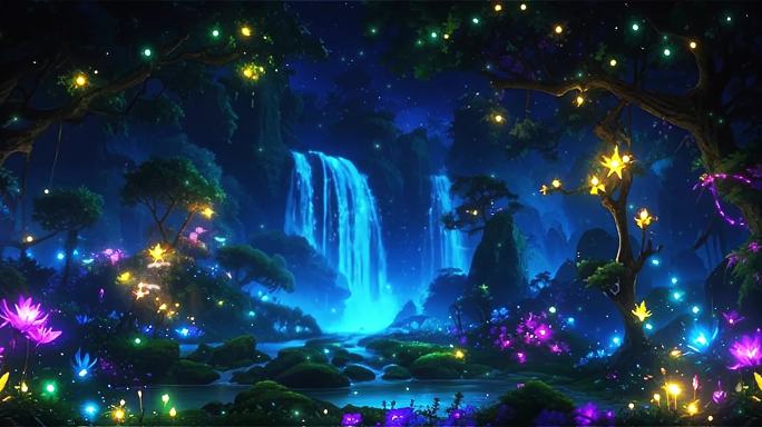唯美梦幻瀑布森林夜景晚会粒子投影星空蝴蝶