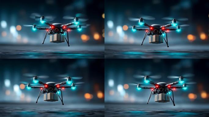 城市夜景无人机送货