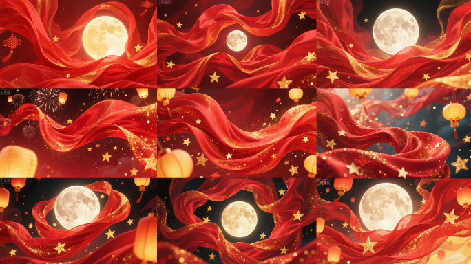 红色喜庆月亮红绸灯笼背景