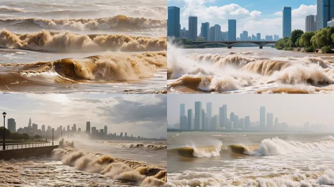 浑浊海浪拍打城市海岸