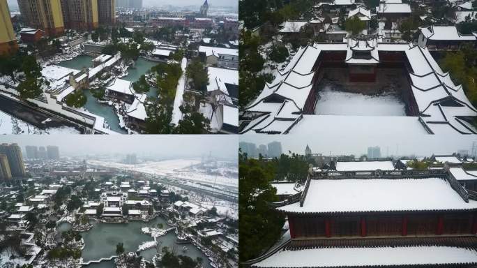 航拍安徽合肥私家古典园林墨荷园雪景