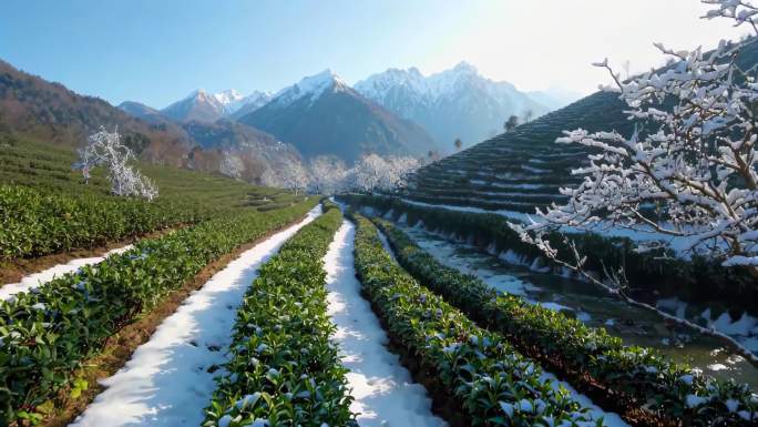 雪后茶园与远山风景 雪后茶园风光