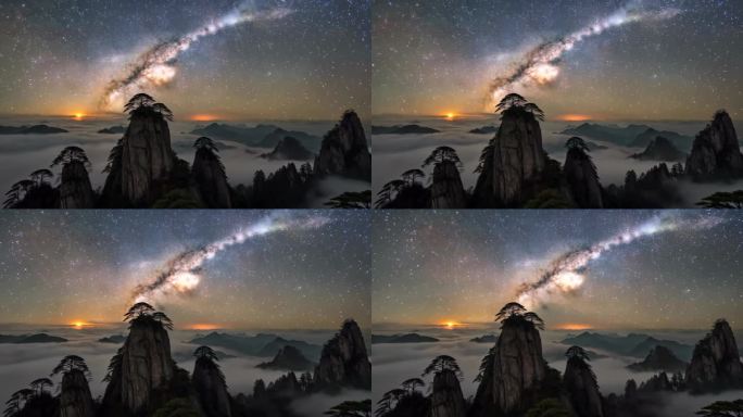 山间云海星空美景 黄山云海星空银河
