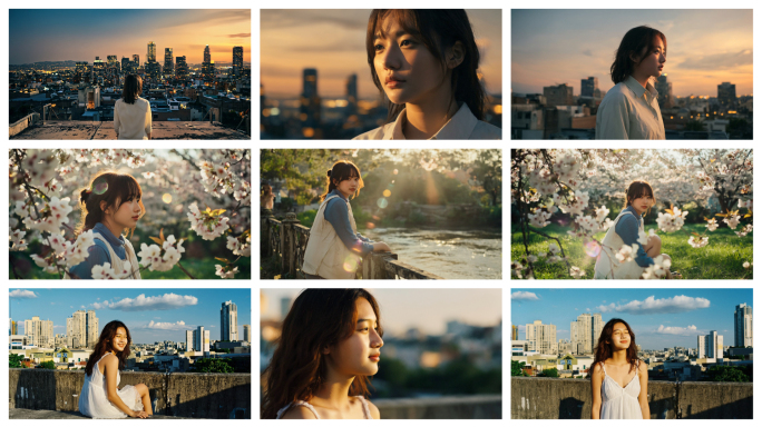 优雅女孩治愈文艺气质女生樱花天台楼顶夕阳