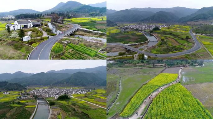 航拍安徽春日皖南黄山黟县油菜花美丽山村