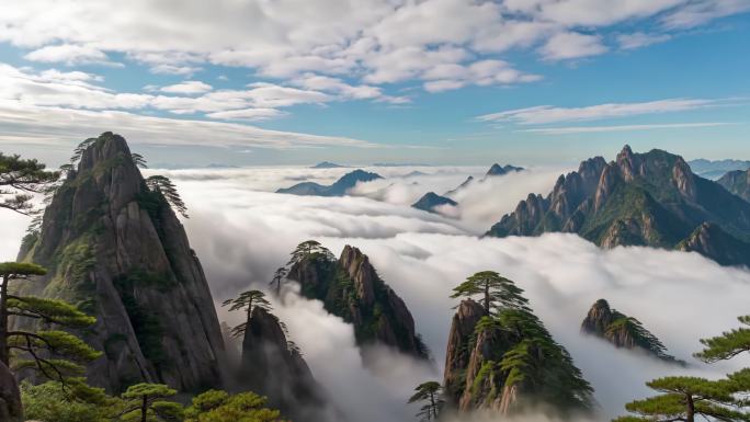 黄山云海自然风光全景 云雾缭绕的黄山奇景