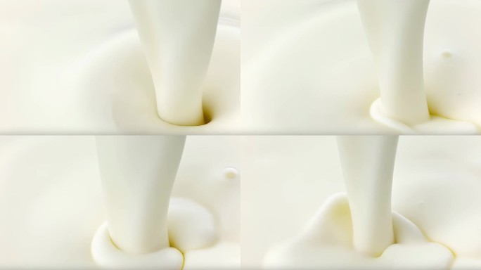 浓厚的牛奶倾倒，浓稠的牛奶，奶油，酸奶效果。浓稠、奶油般的液体以令人满意的粘稠流动倾倒。4K食品背景