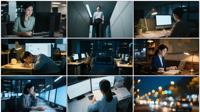 办公室深夜加班族工作状态