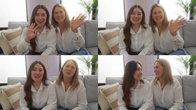 母女坐在温馨的客厅里，微笑着向镜头挥手，展现了她们紧密的家庭纽带和幸福感。