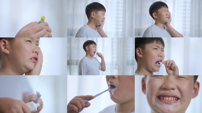 男孩吃糖牙疼用牙线剔除刷牙龋齿口腔护理