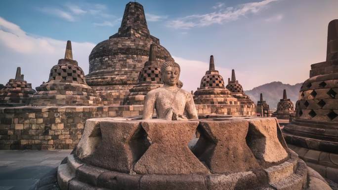 印度尼西亚日惹婆罗浮屠神庙佛像风光延时