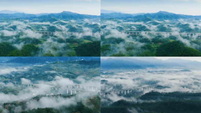 千里江山图航拍群山云雾缭绕山间高架桥高铁