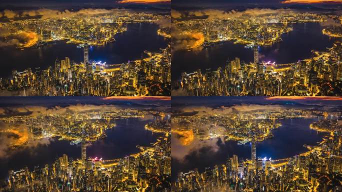 香港维多利亚港城市夜景航拍延时