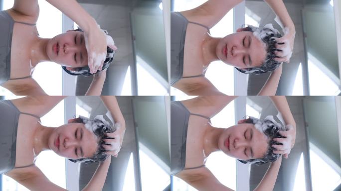 美美女模洗头沐浴冲秀洗发露水泡沫清洁展示