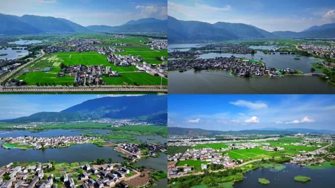 4K航拍大理洱源西湖 白族湖畔村落民居