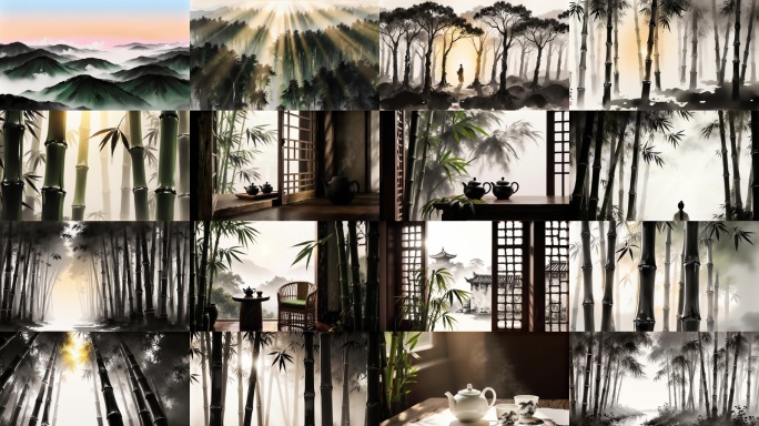 竹林意境国画水墨风晨曦山景航拍自然风光