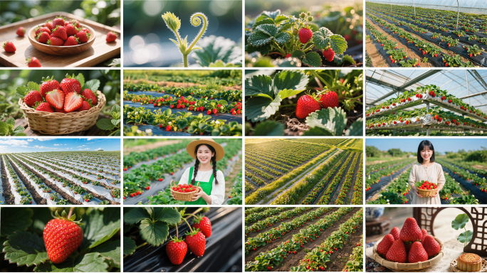 采摘草莓种植大棚航拍新鲜草莓丰收生长素材