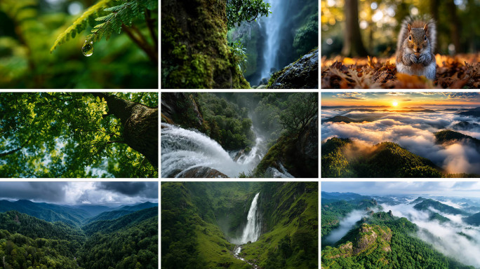 森林日出林间溪流山谷小溪动植物世界